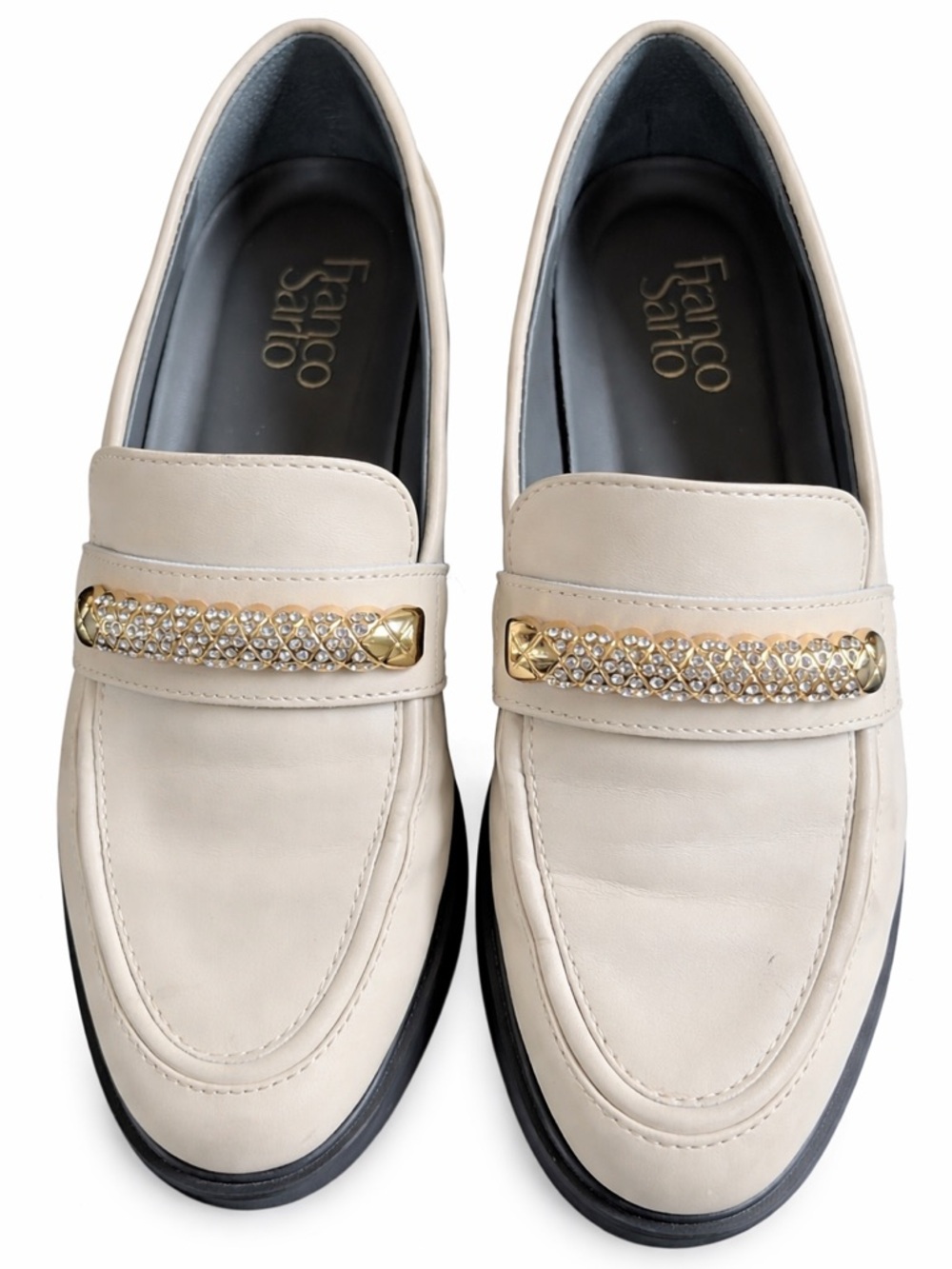 Franco Sarto Cream Leather Rhinestone Chain Loafers 6M